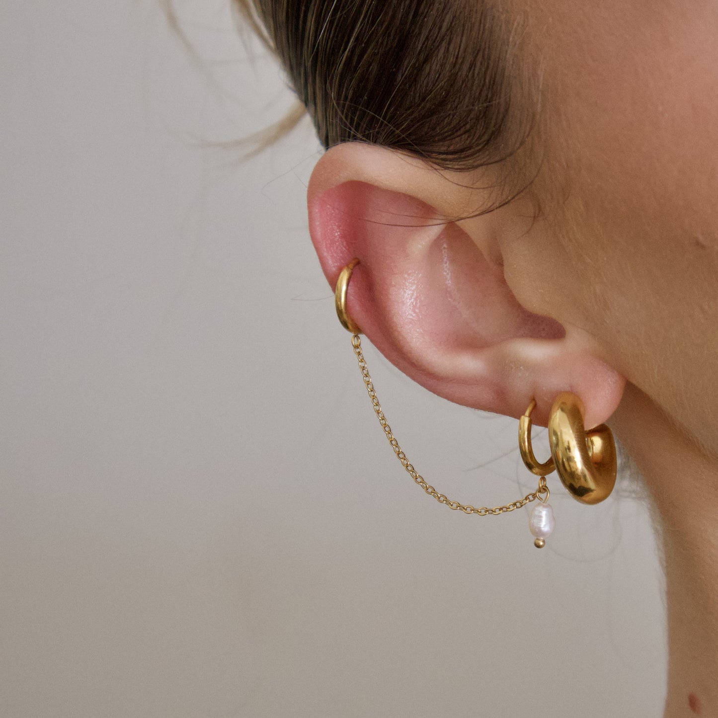 18k Gold Plated Dual Hoop Tassel Earrings with Pearl