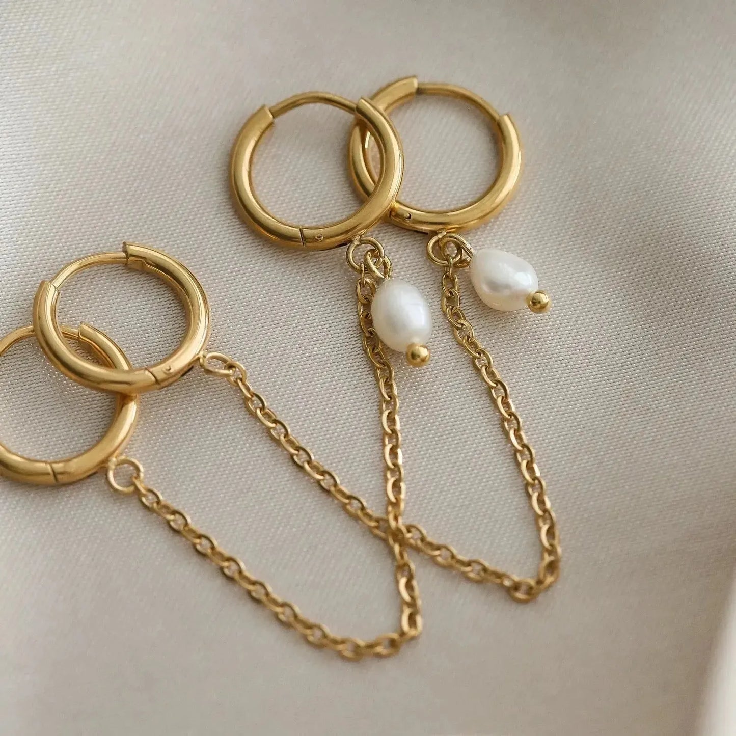 18k Gold Plated Dual Hoop Tassel Earrings with Pearl