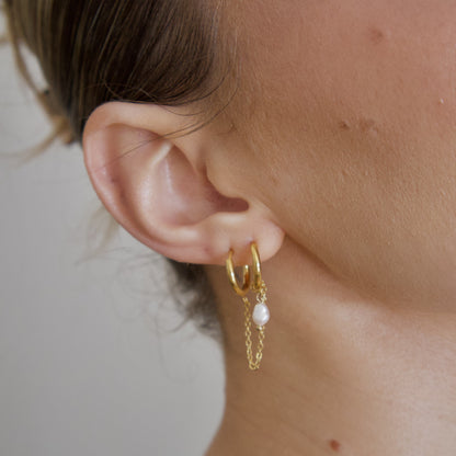 18k Gold Plated Dual Hoop Tassel Earrings with Pearl