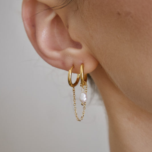 18k Gold Plated Dual Hoop Tassel Earrings with Pearl