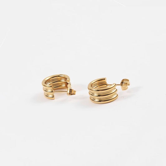 18k Gold Plated Layered 'C' Shape Stud Earrings - Waterproof & Elegant