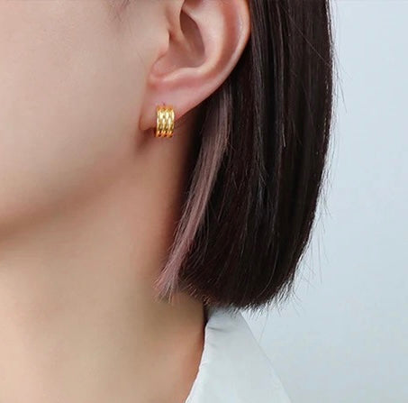 18k Gold Plated Layered 'C' Shape Stud Earrings - Waterproof & Elegant