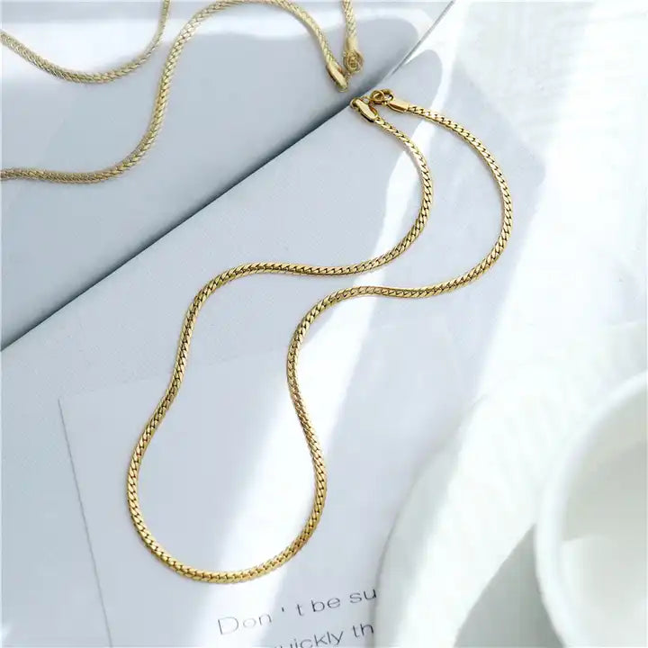 18k Gold Plated Skinny Herringbone Necklace - Waterproof & Sleek