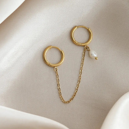 18k Gold Plated Dual Hoop Tassel Earrings with Pearl, Waterproof & Elegant