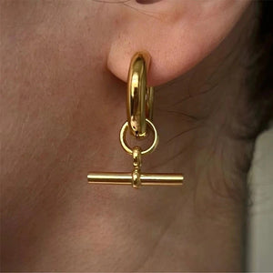 18k Gold Plated T-Bar Hoop Earrings - Waterproof & Stylish