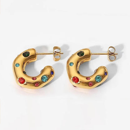 18k Gold Plated Rainbow Gem Half Hoop Earrings - Waterproof & Colorful