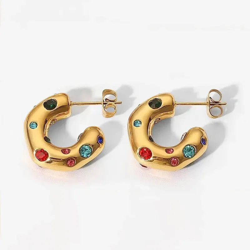 18k Gold Plated Rainbow Gem Half Hoop Earrings - Waterproof & Colorful