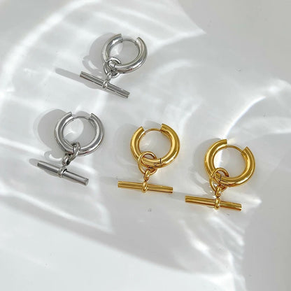 18k Gold Plated T-Bar Hoop Earrings - Waterproof & Stylish