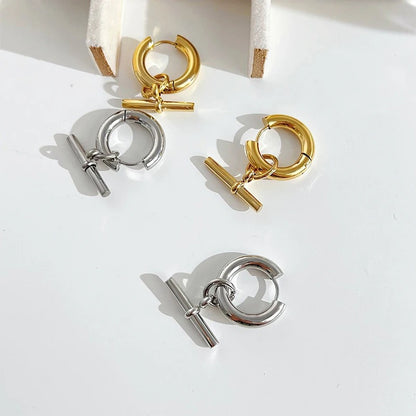 18k Gold Plated T-Bar Hoop Earrings - Waterproof & Stylish