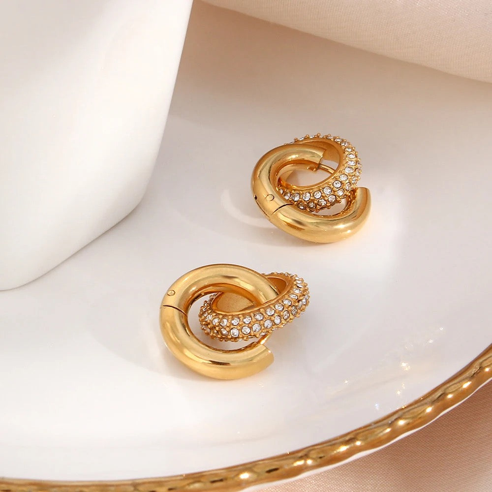 18k Gold Plated Double Huggie Earrings with Cubic Zirconias - Waterproof & Elegant